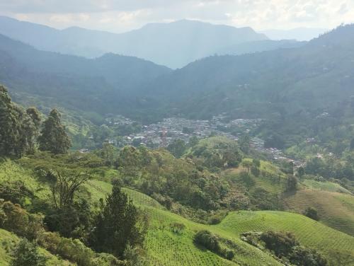 uitzicht op een vallei vanaf een heuvel met een stad bij Koniminto in Pijao