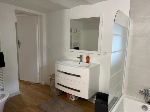 een witte badkamer met een wastafel en een spiegel bij Rez-de-jardin cozy in Houilles