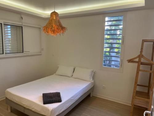 a bedroom with a bed and a chandelier at Villa fleurs d'Antalia in Anse-Bertrand