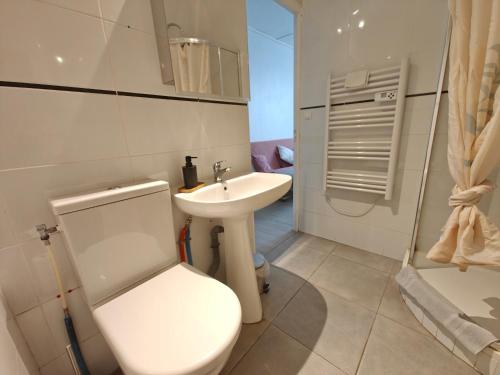a white bathroom with a toilet and a sink at Le studio Mauperthuis in Forges