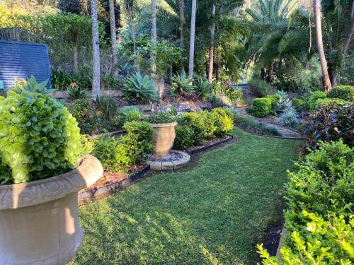 a garden with bushes and plants in a yard at Bimbimbie House Batemans Bay in Surf Beach