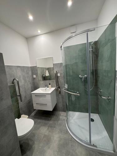 ein Badezimmer mit Dusche, Toilette und Waschbecken in der Unterkunft Stodoła Parysa 