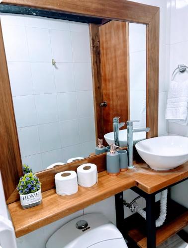 a bathroom with a sink and a toilet and a mirror at Casa Descanso y Madera in Baños