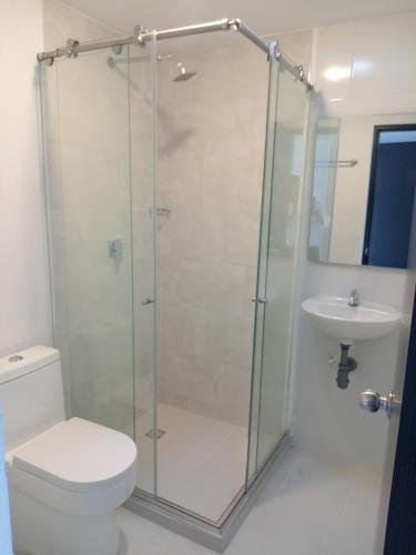 a bathroom with a shower and a toilet and a sink at Cabañas hotel COLONIA SAN MIGUEL in Paipa
