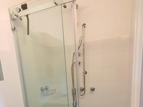 a shower with a glass door in a bathroom at Poolside Apartment in Italian Villa in San Lorenzo al Mare