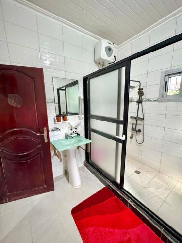 un bagno con lavandino e doccia con tappeto rosso di Royal Duplex Guest House a Limbe