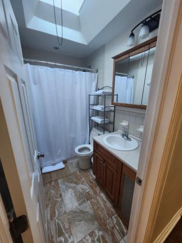 een badkamer met een wastafel, een toilet en een spiegel bij Lansdowne Gem in Lansdowne