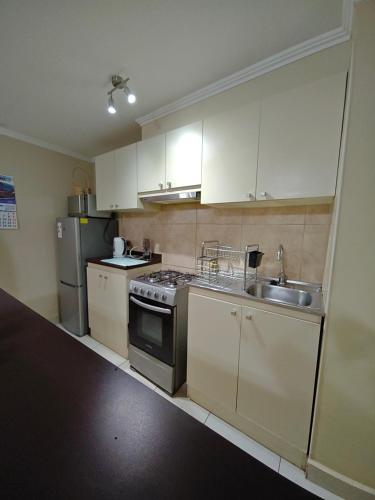 een keuken met witte kasten, een wastafel en een fornuis bij Cómodo alojamiento 3D 1B excelente ubicacion in Temuco