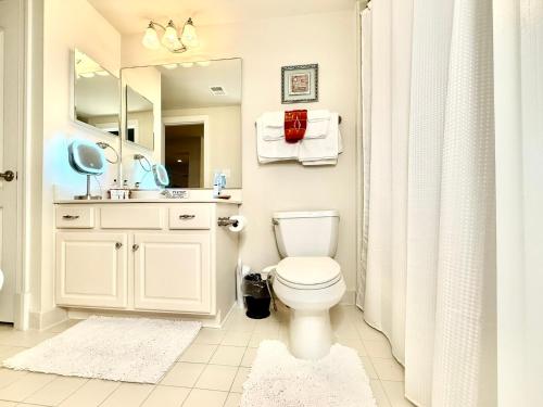 un bagno con un water, un lavandino e uno specchio di Luxurious 2BR Movie Theater Game Room Full Kitchen Gym a Clifton