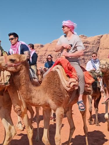 a group of people riding on camels in the desert at Bubble RumCamp in Wadi Rum