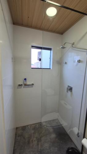 VideiraApartamento Loft Terreo的带玻璃门淋浴间的浴室