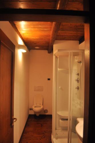 y baño con aseo y ducha acristalada. en Villa Liberty Apartment en Forlì
