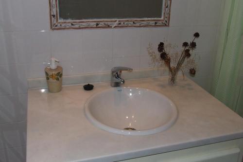 La salle de bains est pourvue d'un lavabo blanc et d'un miroir. dans l'établissement Quinta da Abegoaria, à Abegoaria