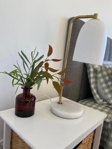 a table with a lamp and a plant on it at Grampians View Eco Retreat in Halls Gap