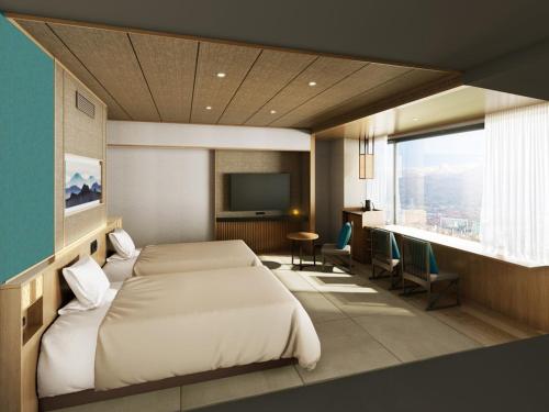 a bedroom with a large bed and a television at Shoho in Matsumoto