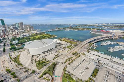 an aerial view of a city with a marina at Miami Lux 1BR 37th Floor Bay City Views in Miami