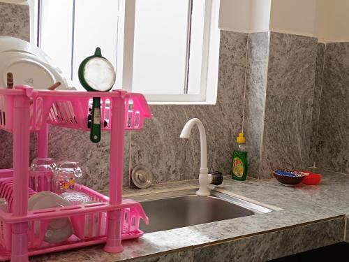 a pink kitchen sink with a pink dish drying rack at Villa Four Seasons in Mirissa