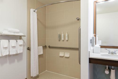 a bathroom with a shower and a sink at Hilton Garden Inn Portland Airport in Portland