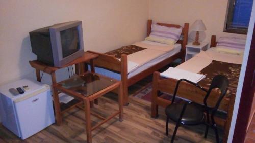 a small room with a bed and a tv at Laguna Guesthouse in Bela Crkva