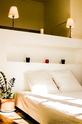 - un lit blanc dans un dortoir doté d'une plante en pot dans l'établissement Chambre d'hôtes avec cuisine commune - 5 mns de Narbonne, à Cuxac-dʼAude