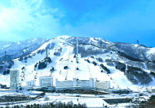 a ski resort on a snowy mountain with a ski slope at Naeba Prince Hotel in Yuzawa