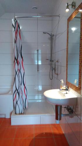 a bathroom with a shower and a sink and a tub at Noclegi Przylesie in Rychnowy