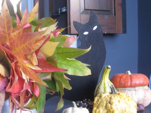 a table topped with pumpkins and a black cat statue at A Cjase di Lise in Gemona del Friuli