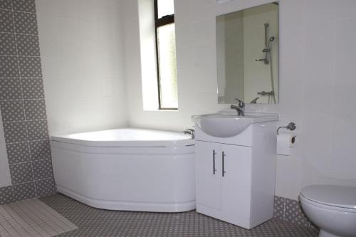 a white bathroom with a sink and a toilet at The International in Knock