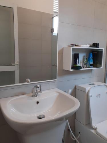 a bathroom with a sink and a mirror and a toilet at Sathmani in Pallekele Kadawidiya