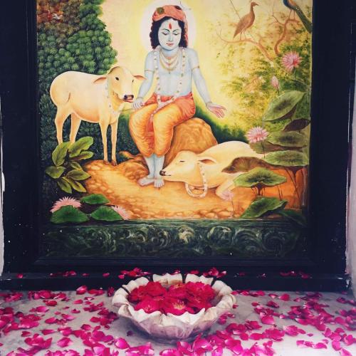a painting of a woman with two dogs and a bowl of flowers at Inn Seventh Heaven in Pushkar