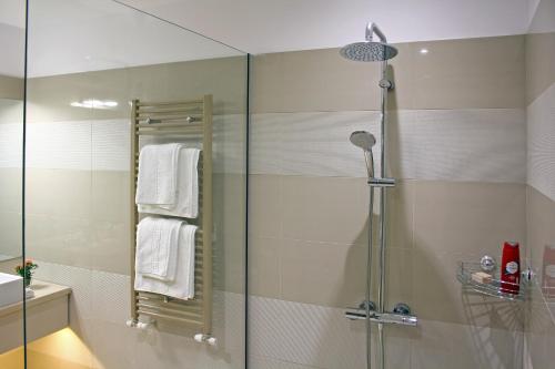 a shower with a glass door in a bathroom at Nemo in Brăila