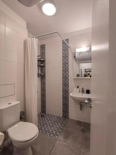a bathroom with a toilet and a shower and a sink at Апартамент ДАРА in Smolyan