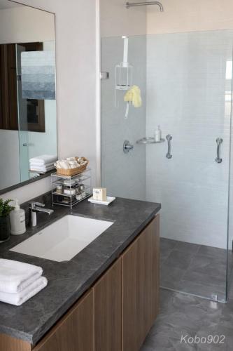 a bathroom with a sink and a shower at Puerto Vallarta Centro de convenciones Aeropuerto in Puerto Vallarta