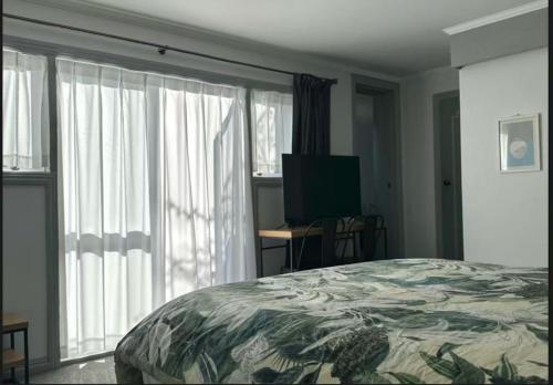 een slaapkamer met een bed, een televisie en ramen bij Pure Motel in Rotorua