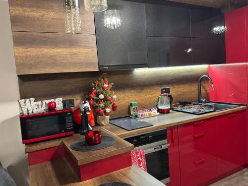 een keuken met een kerstboom op het aanrecht bij Бутиков апартамент Kora DM in Stara Zagora