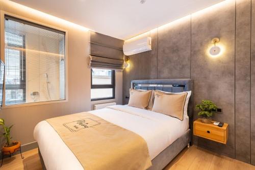 een slaapkamer met een groot bed en een raam bij Taksim Garden House in Istanbul