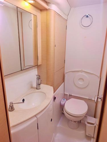 a small bathroom with a toilet and a sink at catamaran yatch tour in Göcek