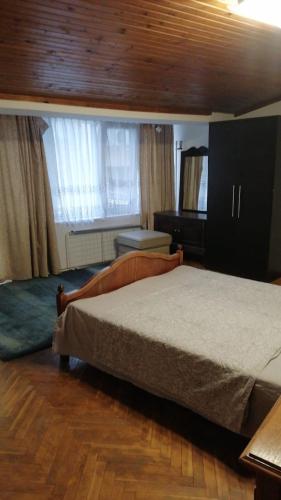 een slaapkamer met een bed en een houten vloer bij Апартамент опера in Varna