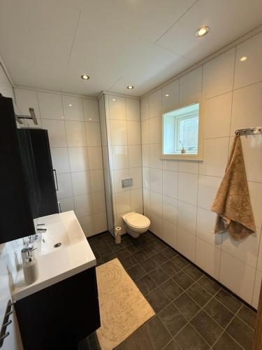 a bathroom with a sink and a toilet and a window at Nyoppusset leilighet til leie in Isfjorden