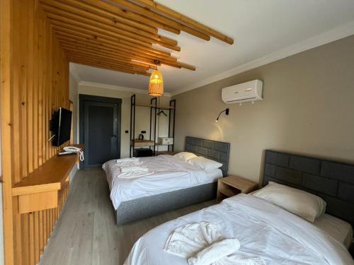 una camera d'albergo con due letti e una televisione di METTE Otel a Silifke