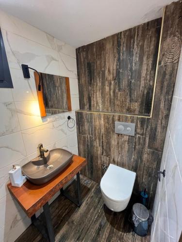 a bathroom with a sink and a toilet at METTE Otel in Silifke