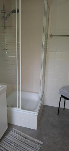 een badkamer met een douche en een bad met een wastafel bij Hochwald EnSuite in Bad Sachsa