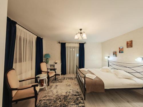 een slaapkamer met een bed en 2 stoelen en een bureau bij Zodia Craiului in Peştera