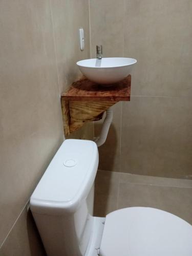 a bathroom with a white toilet and a sink at Casa da Aninha na Prainha - Valor para 4 pessoas in Paraty
