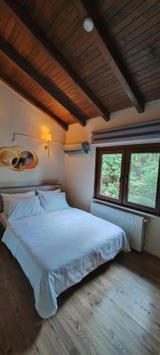 a bedroom with a large bed and two windows at MyHomeSapanca in Sapanca