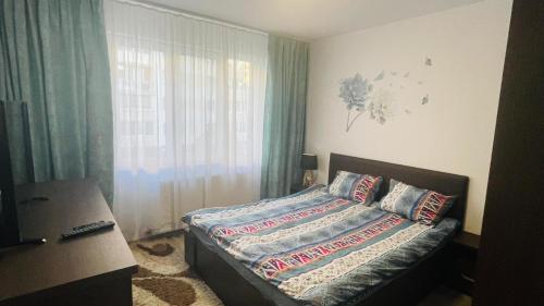 een slaapkamer met een bed en een raam bij Boulevard apartament in Sighetu Marmaţiei