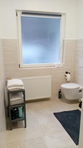 a bathroom with a window and a toilet and a sink at ST4 Apartment in Triberg