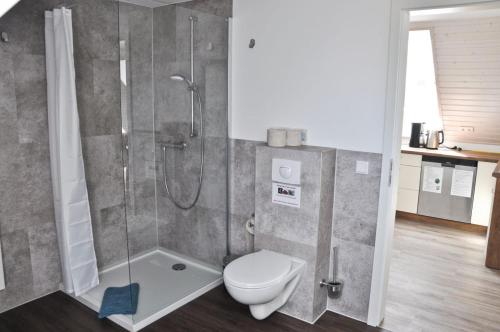 een badkamer met toilet en glazen douche bij Schäferstübchen - Urlaub auf dem Bauernhof in Braunsberg