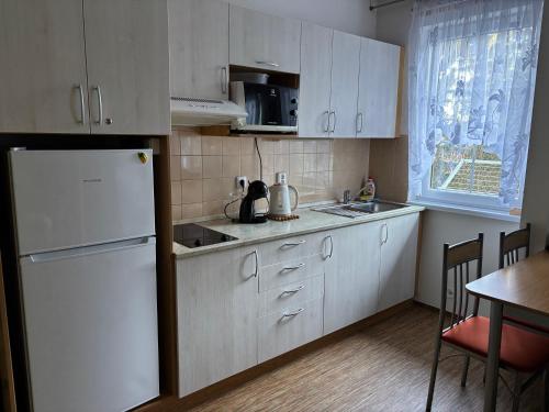 eine Küche mit weißen Schränken und einem weißen Kühlschrank in der Unterkunft Karlov pod Pradědem Apartmány Orbit in Karlov