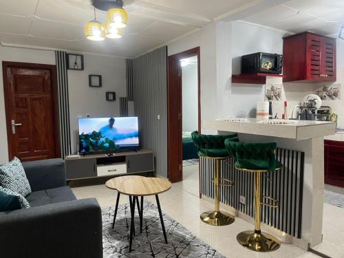 een woonkamer met een bank en een tv bij Résidence Azur in Libreville